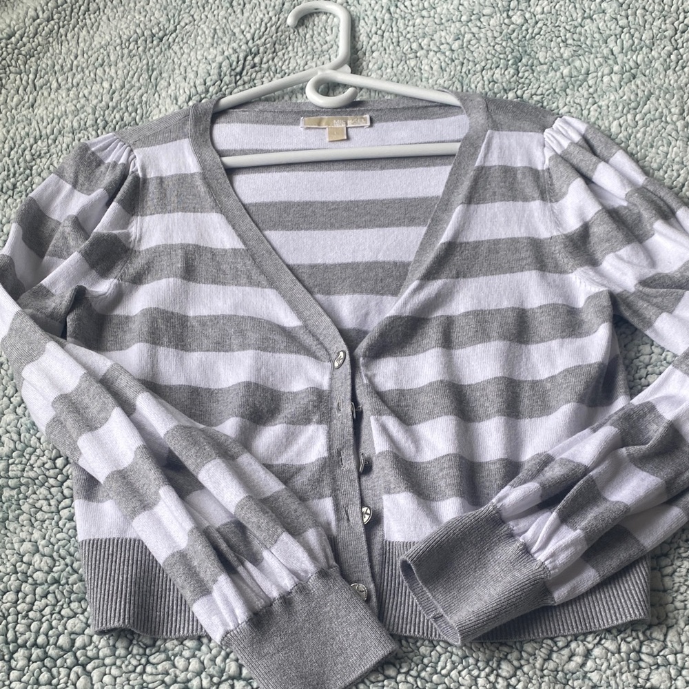 Michael Kors Gray and White Striped Cardigan